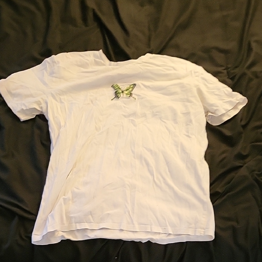White T-Shirt with Green Butterfly Design